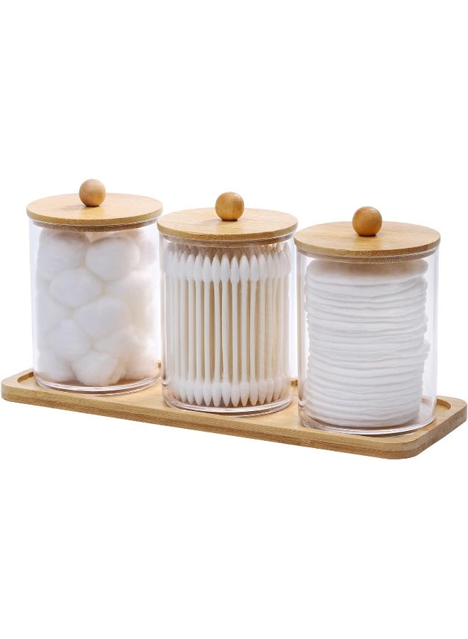 Tbestmax Tbestmax 10 Oz Cotton Swab/Ball/Pad Holder with Vanity Tray, Qtip Apothecary Jar, Clear Bathroom Containers Dispenser for Storage 3 Pack Wood Lids  - Image 1