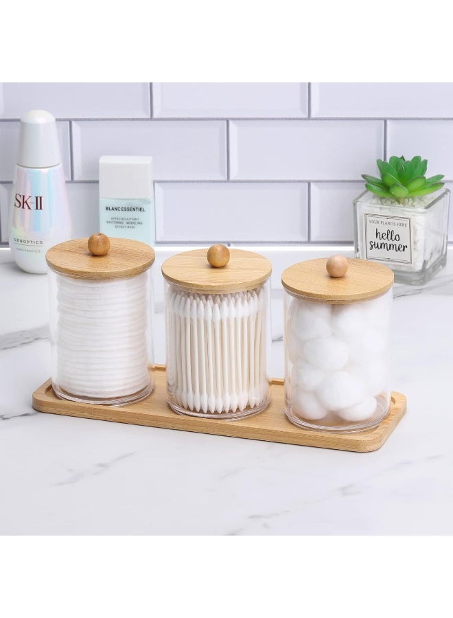Tbestmax Tbestmax 10 Oz Cotton Swab/Ball/Pad Holder with Vanity Tray, Qtip Apothecary Jar, Clear Bathroom Containers Dispenser for Storage 3 Pack Wood Lids  - Image 5