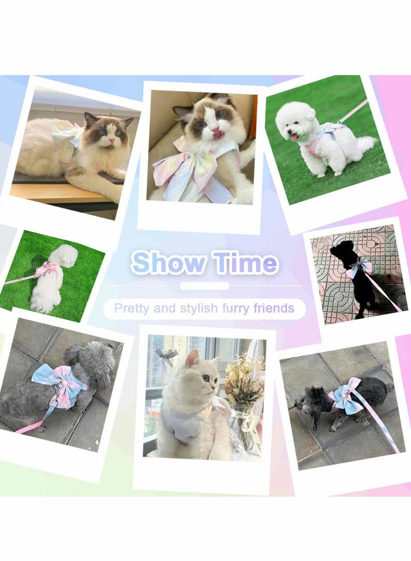 إسكدنيا طقم حزام ومقود للكلاب بتصميم جذاب مع رباط قوس قزح انسيابي، حزام مريح للكلاب الصغيرة والقطط، لا يسحب، مصنوع من شبكة ناعمة، لون وردي - Image 2