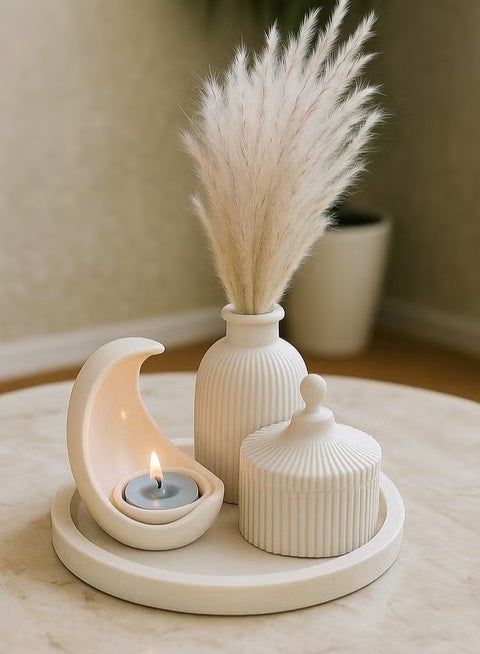 Modern Resin Decorative Set (5 Pieces) – Lidded Jar + Vase + Crescent Candle Holder