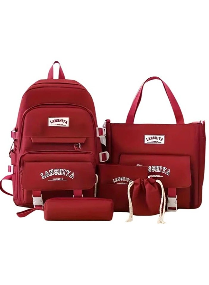 LANSHIYA "Spacious" 5pcs Fashionable Canvas Backpack Set With Laptop Compartment - Red