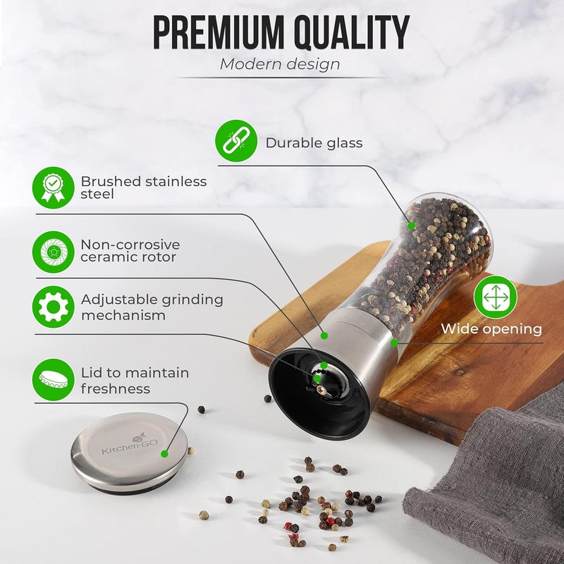 Kitchen & Go Tall Pepper Grinder or Pepper Mill, Manual Salt Grinder Refillable with Adjustable Coarseness, Black Pepper Grinder Made of Stainless Steel, Himalayan Salt and Sea Salt Grinder - Image 2