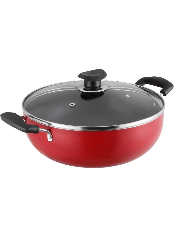Vinod Zest Non-Stick Deep Kadai with Glass Lid- 22 cm, 2.6 L - Red - Image 1