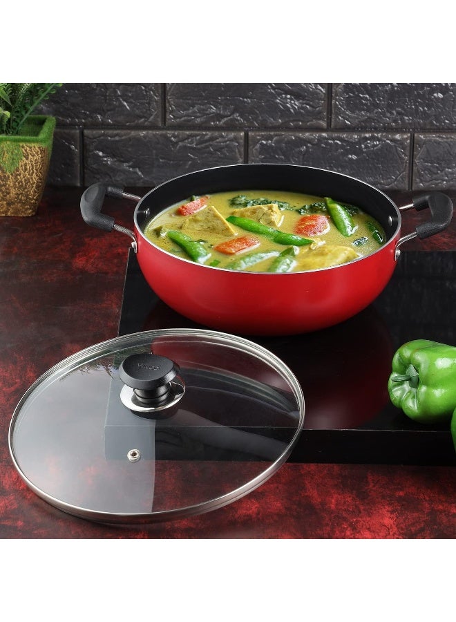 Vinod Zest Non-Stick Deep Kadai with Glass Lid- 22 cm, 2.6 L - Red - Image 5