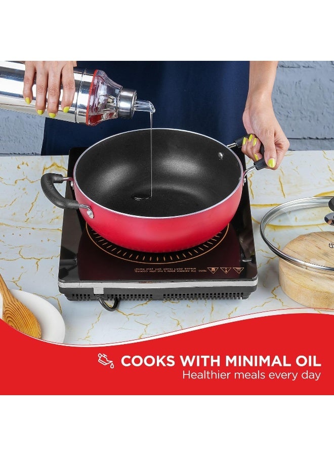 Vinod Zest Non-Stick Deep Kadai with Glass Lid- 22 cm, 2.6 L - Red - Image 3