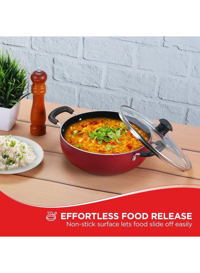 Vinod Zest Non-Stick Deep Kadai with Glass Lid- 22 cm, 2.6 L - Red - Image 2