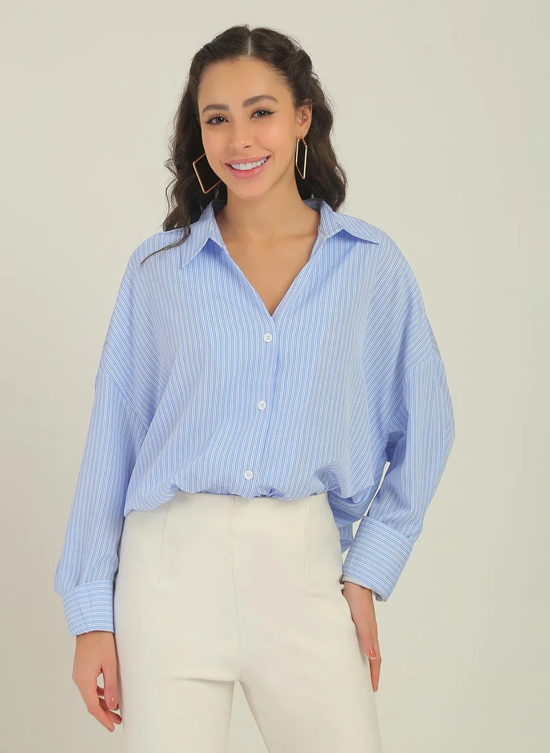 جلو باص Globus Women Blue Striped Collared Neck Cuffed Sleeves Curved Hem Workwear Shirt