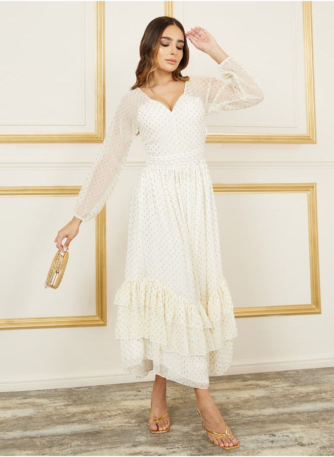 Styli Lurex Dobby Sweetheart Neck Ruffle Detail A-Line Maxi Dress  - Image 1