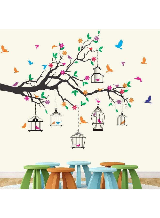 Home Trove Stickme 'Nature Tree - Colorful - Birds - Cage - Wall Sticker'  - Image 1