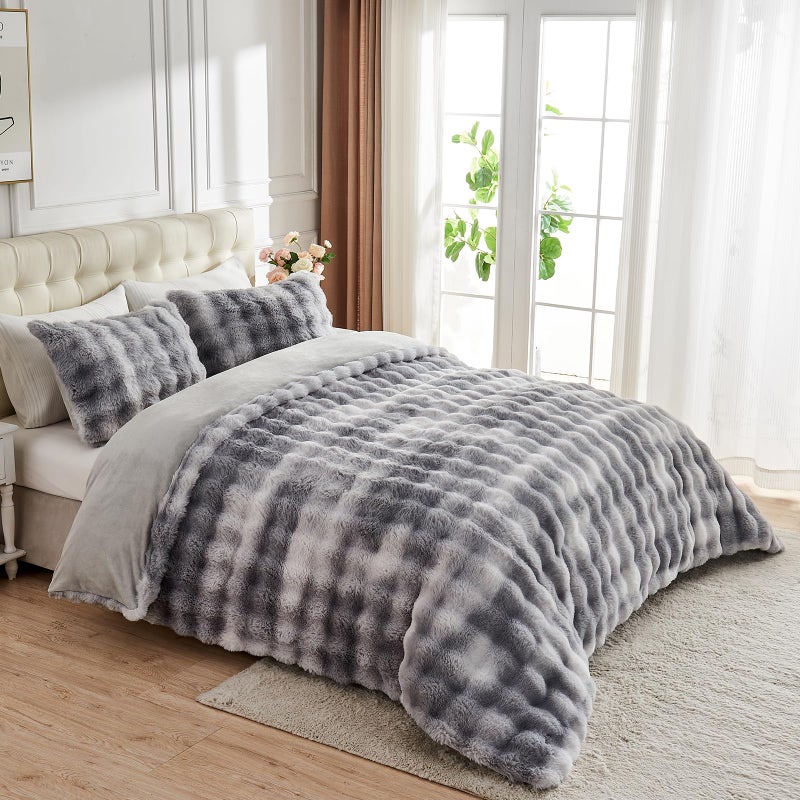 Lotus Karen Lotus Karen Fluffy Comforter Cover Set-Rabbit Fluff Faux Fur Duvet Cover Queen Size Tie-Dye Gray White Plush Fuzzy Furry Bedding Sets 3Pieces(1 Duvet Cover & 2 Pillow Shams) Zipper Closure  - Image 5