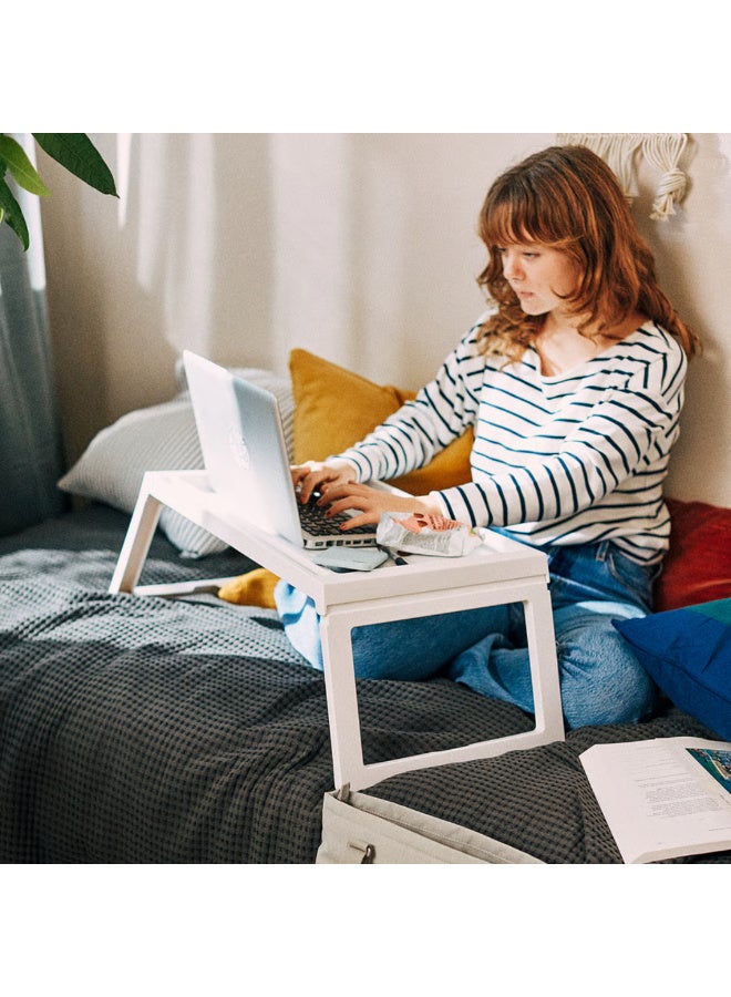 White Bed Tray Table, Foldable Laptop Tray with Tablet Holder and Cable Hole, Portable Breakfast Tray for Bed and Sofa - Image 3