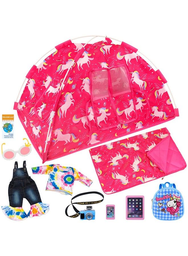 Ecore Fun 9 Items18 Inch Girl Unicorn Dolls Camping Tent Set And Accessories Including 18 Inch Doll Tent Sleeping Bag Clothes Backpack Toy Camera Glasses And Toy Phone Etc  - Image 1