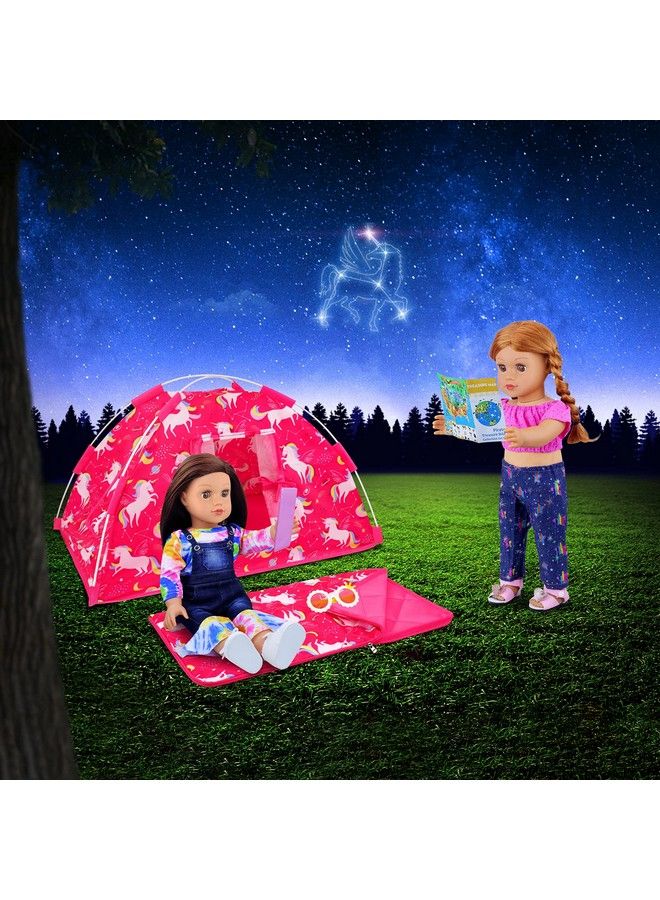 Ecore Fun 9 Items18 Inch Girl Unicorn Dolls Camping Tent Set And Accessories Including 18 Inch Doll Tent Sleeping Bag Clothes Backpack Toy Camera Glasses And Toy Phone Etc  - Image 5