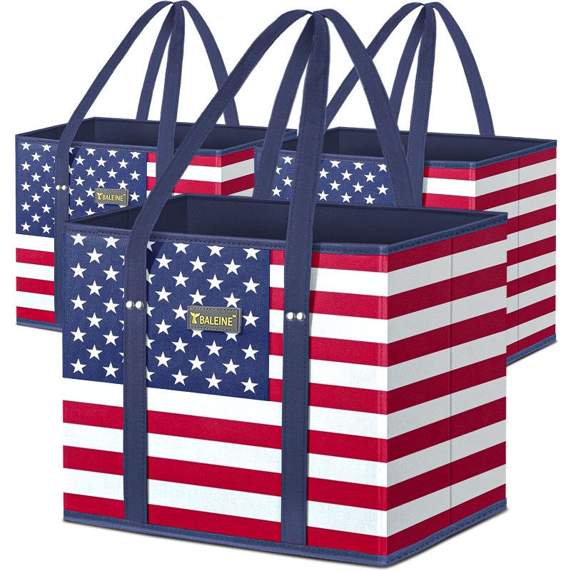 Baleine BALEINE 3Pk Reusable Grocery Bags Foldable Shopping Bags for Groceries with Reinforced Bottom  Handles Patriot Celebration 
