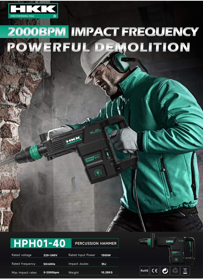 HKK HKK 1500W Percussion Hammer – 35J Impact Energy, 0–2000 BPM, Heavy Duty Electric Demolition Tool, 10.28kg Breaker  - Image 2