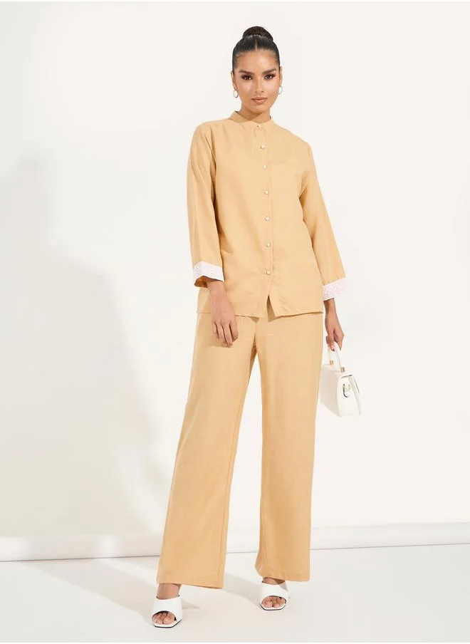 Styli Mandarin Collar Shirt & Straight Pants Modest Set