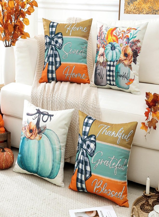 Artscope Fall Decorative Throw Pillow Covers 18x18 Inch Set of 4, Fall Pumpkin Home Sweet Home Thankful Grateful Blessed Outdoor Farmhouse Pillow Cases for Sofa Couch-Blue - Image 2