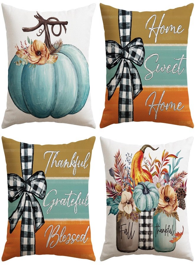 Artscope Fall Decorative Throw Pillow Covers 18x18 Inch Set of 4, Fall Pumpkin Home Sweet Home Thankful Grateful Blessed Outdoor Farmhouse Pillow Cases for Sofa Couch-Blue - Image 1
