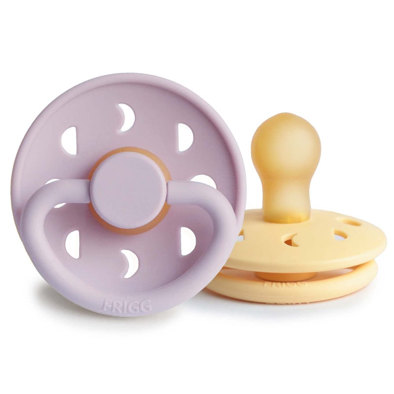 FRIGG Moon Natural Rubber Baby Pacifier | Made in Denmark | BPA-Free (Soft Lilac/Daffodil, 0-6 Months) 2-Pack - Image 1