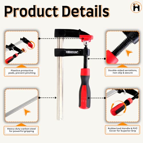 Homdum 12 inch Steel f clamp 300 x 80 mm F Clamp with Rubberized Handle and Surface Protection PVC Cover for Better Grip Metal F Clamps for Woodworking Glass and Welding Works. Pack OF 4 PC - Image 5