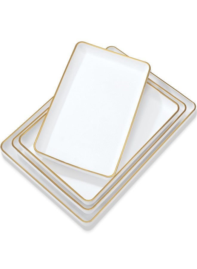 Rtteri Set of 4 Large Serving Platter Set 15/14/13/12 Inch Heavy Plastic Serving Trays Unbreakable Rectangular Platter Reusable Wood Grain Tray for Buffet Wedding Christmas Party(White and Gold) - Image 1