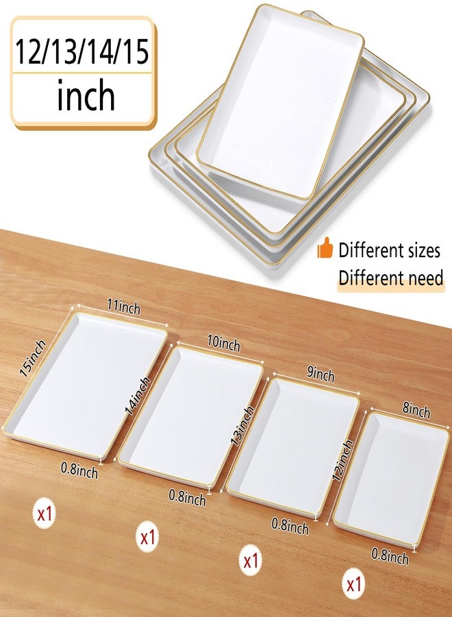 Rtteri Set of 4 Large Serving Platter Set 15/14/13/12 Inch Heavy Plastic Serving Trays Unbreakable Rectangular Platter Reusable Wood Grain Tray for Buffet Wedding Christmas Party(White and Gold) - Image 2