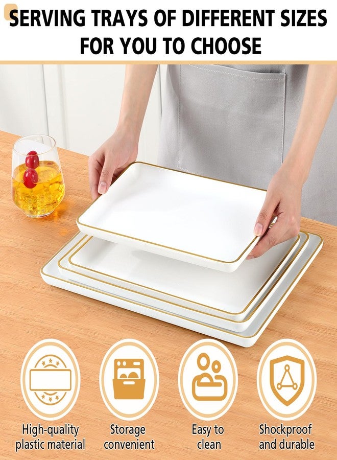 Rtteri Set of 4 Large Serving Platter Set 15/14/13/12 Inch Heavy Plastic Serving Trays Unbreakable Rectangular Platter Reusable Wood Grain Tray for Buffet Wedding Christmas Party(White and Gold) - Image 3