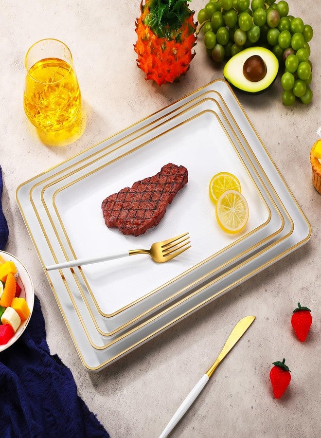 Rtteri Set of 4 Large Serving Platter Set 15/14/13/12 Inch Heavy Plastic Serving Trays Unbreakable Rectangular Platter Reusable Wood Grain Tray for Buffet Wedding Christmas Party(White and Gold) - Image 5