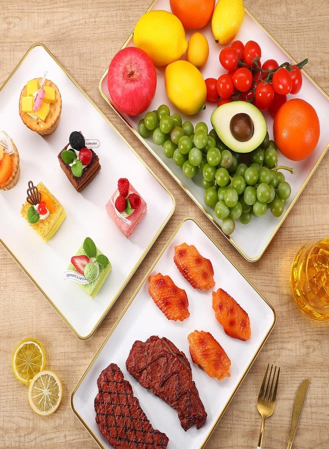 Rtteri Set of 4 Large Serving Platter Set 15/14/13/12 Inch Heavy Plastic Serving Trays Unbreakable Rectangular Platter Reusable Wood Grain Tray for Buffet Wedding Christmas Party(White and Gold) - Image 4