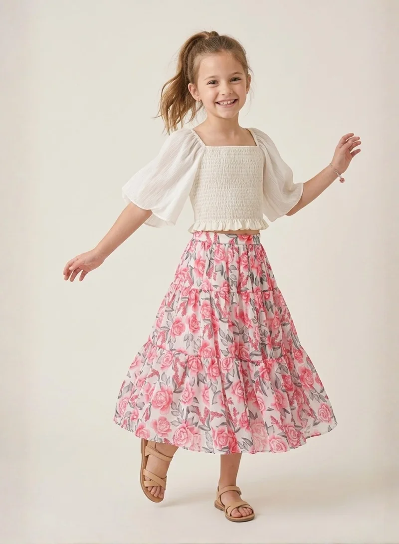 Luxe & Hardy Girls Self Design Short Sleeves Chiffon Top With Skirt