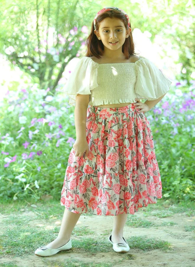 Luxe & Hardy Girls Self Design Short Sleeves Chiffon Top With Skirt