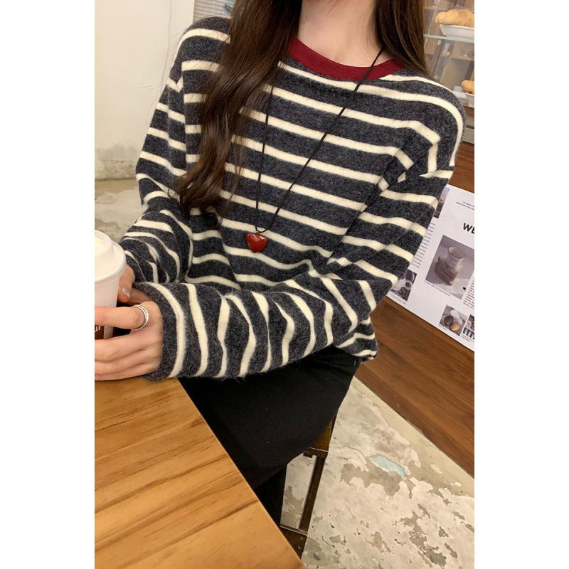 Shopping Mall Real Photograph Striped Contrast Sanding Loose Inner Base Shirt Women's Autumn and Winter New Outfit Long-Sleeved T-Shirt - Image 4