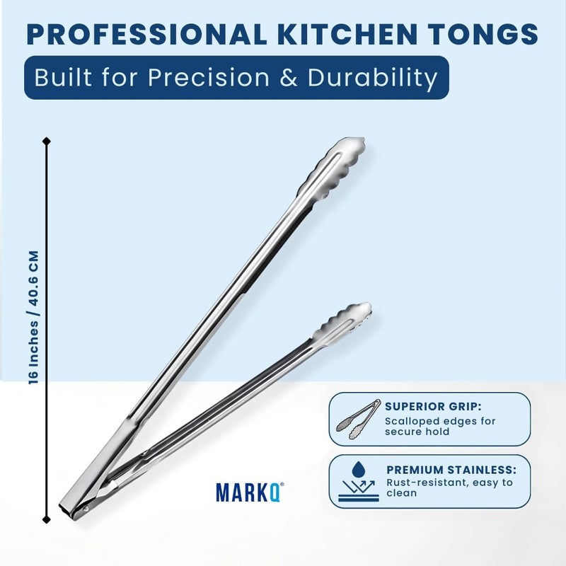 MARKQ Stainless Steel Utility Tongs, 16 Inch, Kitchen Cooking and Serving Tongs with Non-Slip Grip and Sliding Lock, Heat Resistant, Pack of 2 - Image 2