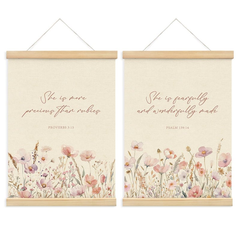 PLKMN Girls Room Decor Pink Wildflower Baby Girl Nursery Decor Set of 2 Christian Gifts for Girls Pink Floral Bible Christian Wall Art Framed 12x16 Inch - Image 2