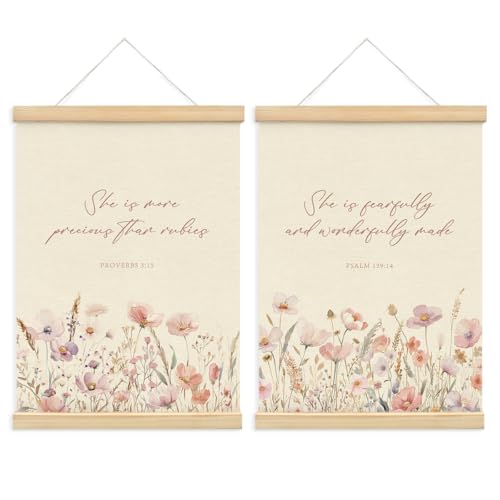 PLKMN Girls Room Decor Pink Wildflower Baby Girl Nursery Decor Set of 2 Christian Gifts for Girls Pink Floral Bible Christian Wall Art Framed 12x16 Inch - Image 1