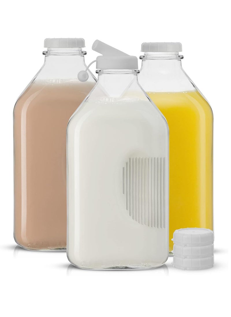 LENND Glass Milk Bottles with Lids and Pourer – 64 Oz, 3 Pack Airtight Heavy Duty Reusable Glass Bottles, Leakproof, BPA-Free, Food Grade, Dishwasher Safe Jug, Pitcher for Milk, Juice, and Water  - Image 1