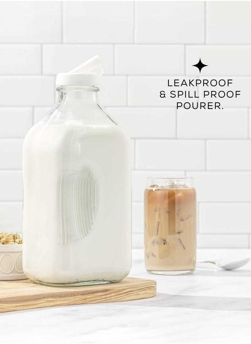LENND Glass Milk Bottles with Lids and Pourer – 64 Oz, 3 Pack Airtight Heavy Duty Reusable Glass Bottles, Leakproof, BPA-Free, Food Grade, Dishwasher Safe Jug, Pitcher for Milk, Juice, and Water  - Image 2