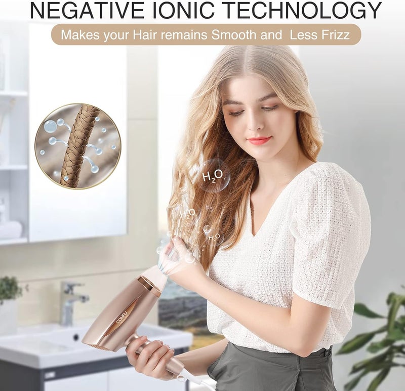 CONFU Folding Ionic Hair Dryer, 1800W Lightweight Blow Dryer Portable Compact Hairdryer, Fast Drying Blowdryer with Cool/Hot Button, 1 Nozzle, Gold, UK Plug - Image 5