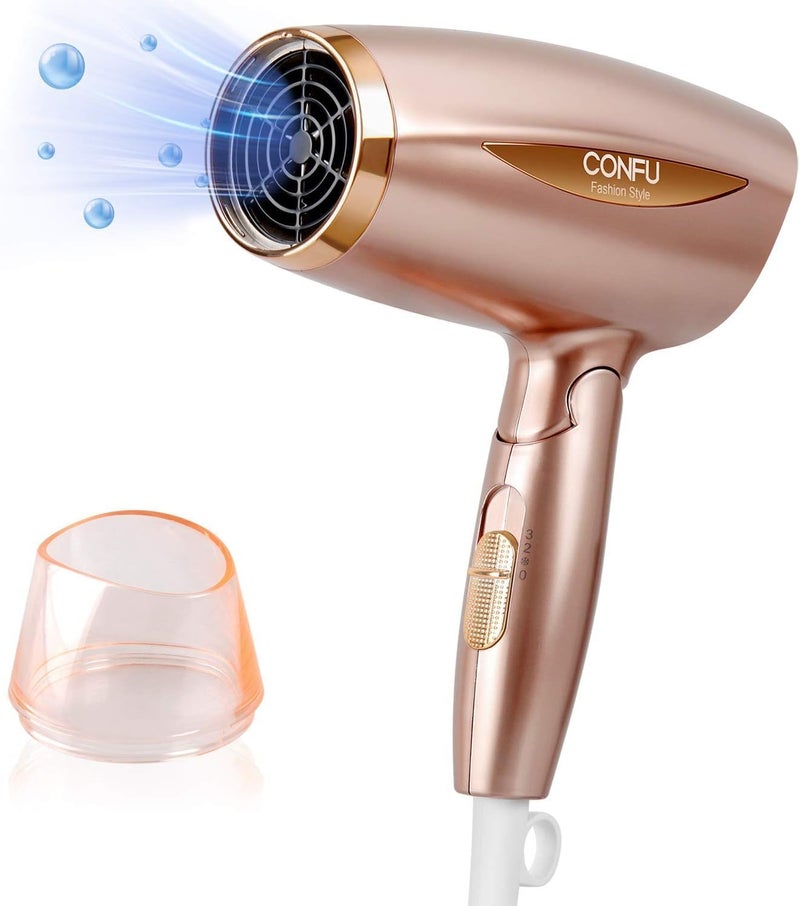 CONFU Folding Ionic Hair Dryer, 1800W Lightweight Blow Dryer Portable Compact Hairdryer, Fast Drying Blowdryer with Cool/Hot Button, 1 Nozzle, Gold, UK Plug - Image 2