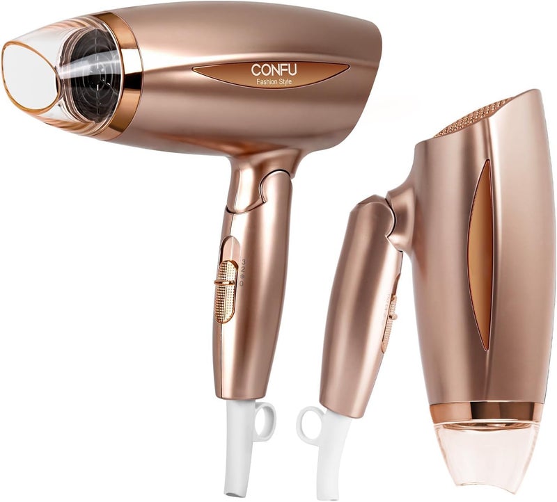 CONFU Folding Ionic Hair Dryer, 1800W Lightweight Blow Dryer Portable Compact Hairdryer, Fast Drying Blowdryer with Cool/Hot Button, 1 Nozzle, Gold, UK Plug - Image 1