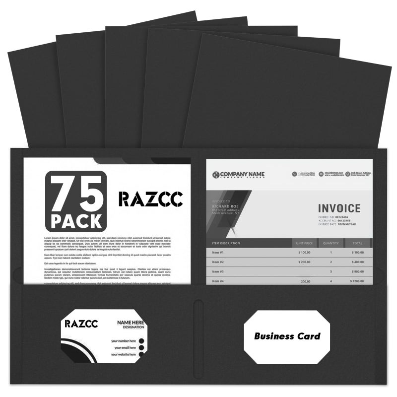 RAZCC Two Pocket Folders, RAZCC 75 Pack 2 Pocket Folders Fit Letter Size Paper, Paper Folders with Pockets for School Office Business Home, Black - Image 1