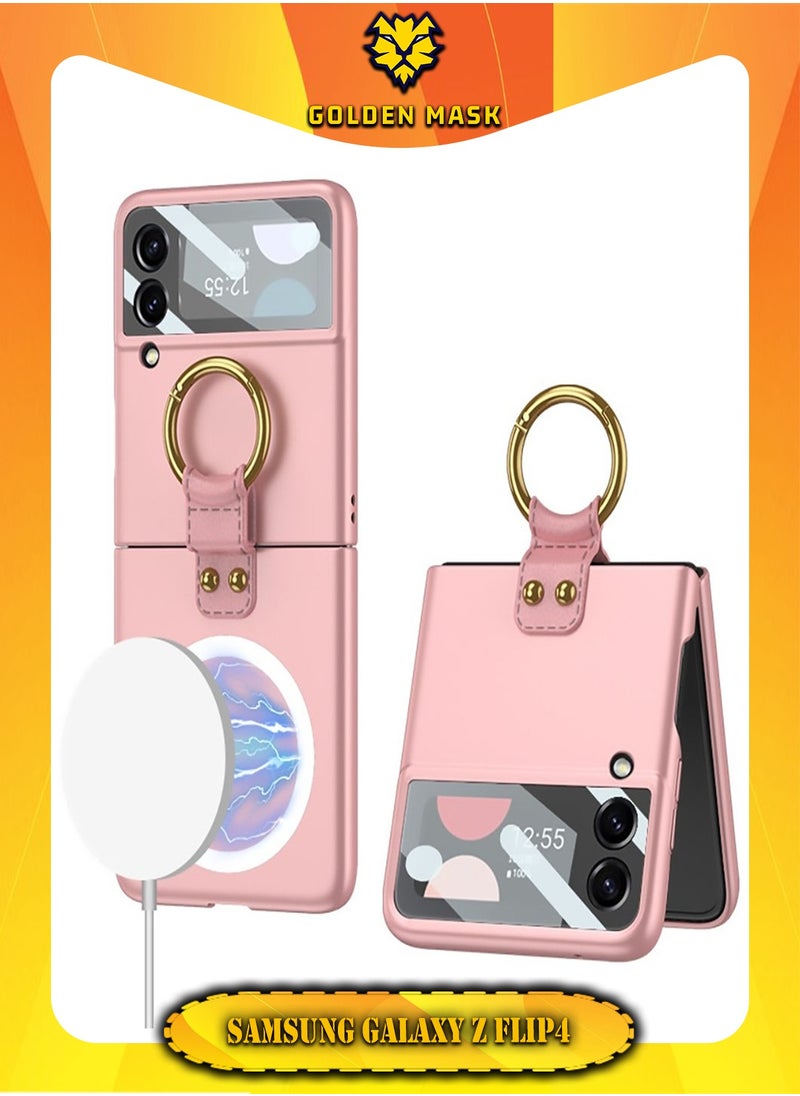 GKK GKK Compatible With Samsung Galaxy Z Flip4 Leather Ulta thin Magesaffe Camira With Ring Magesaffe (Pink)  - Image 1