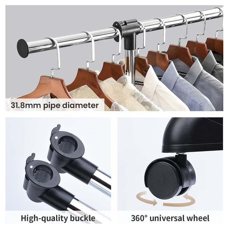 LiaMeE Adjustable Clothing Rack for Hanging Clothes, Heavy Duty Garment Rack with Wheelsï¼ŒFree Standing Rolling Clothes Rack with Shelf & Grid, Easy Assembly Standard Rod, Black & Chrome - Image 5