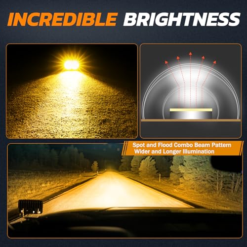 Rfroad Lighting Amber LED Pods, 3 Inch 40W LED Chase Light Ditch Lights Spot Flood Combo Small LED Pods Lights Fog Lights LED Cubes 2 Packs for Motorcycle Truck UTV SUV ATV Dirt Bike Boat Offroad - Image 3
