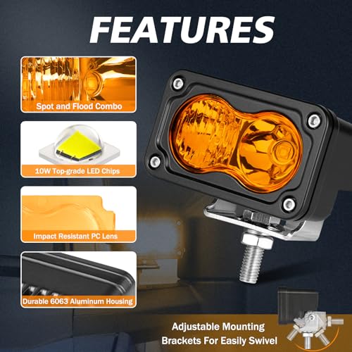 Rfroad Lighting Amber LED Pods, 3 Inch 40W LED Chase Light Ditch Lights Spot Flood Combo Small LED Pods Lights Fog Lights LED Cubes 2 Packs for Motorcycle Truck UTV SUV ATV Dirt Bike Boat Offroad - Image 4
