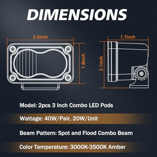 Rfroad Lighting Amber LED Pods, 3 Inch 40W LED Chase Light Ditch Lights Spot Flood Combo Small LED Pods Lights Fog Lights LED Cubes 2 Packs for Motorcycle Truck UTV SUV ATV Dirt Bike Boat Offroad - Image 2