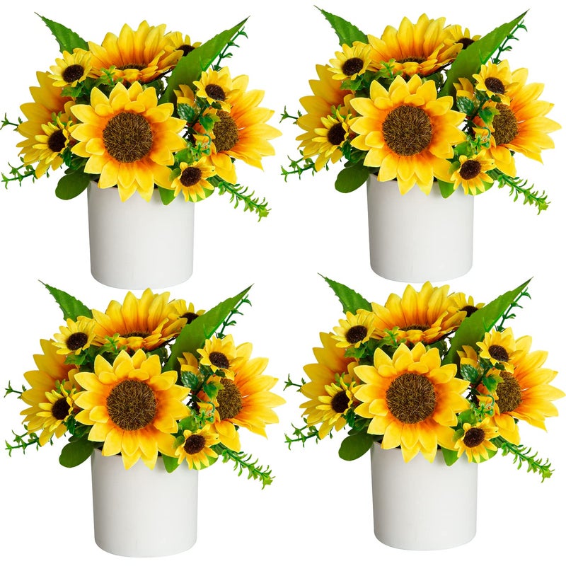 XONOR Artificial Flowers  4Pcs Potted Mini Fake Sunflowers for Home Decor Party Wedding Office Patio Table Desk Decoration