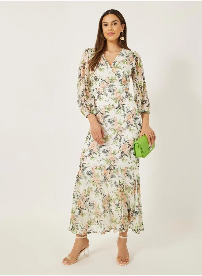 Styli Floral Print Balloon Sleeves Mermaid Hem Maxi Dress