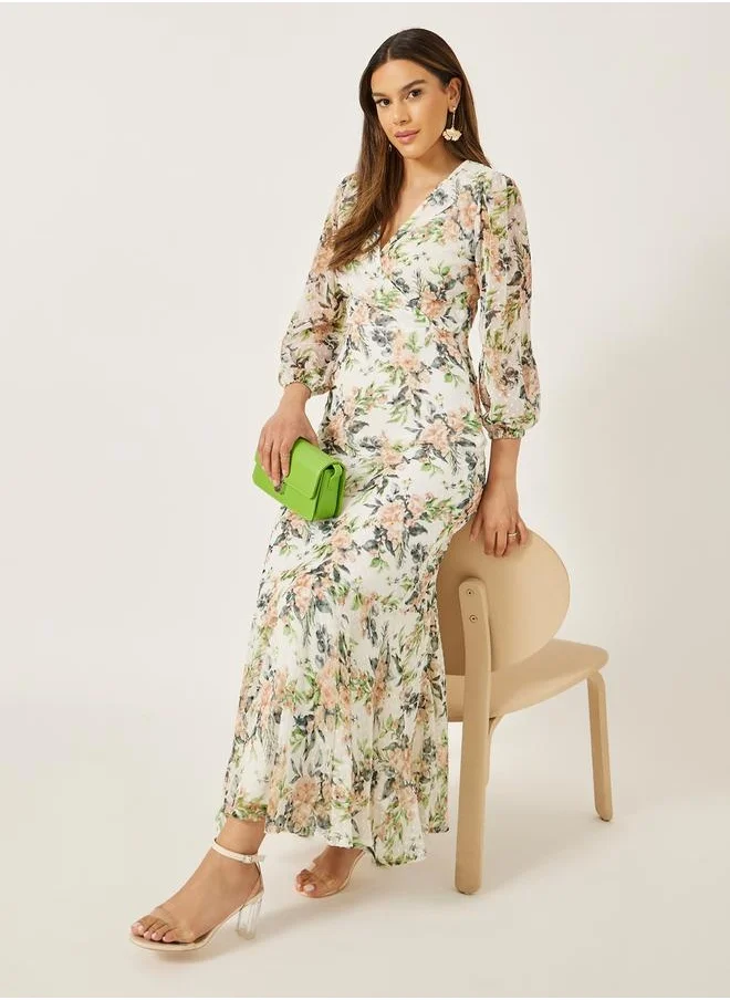 ستايلي Floral Print Balloon Sleeves Mermaid Hem Maxi Dress