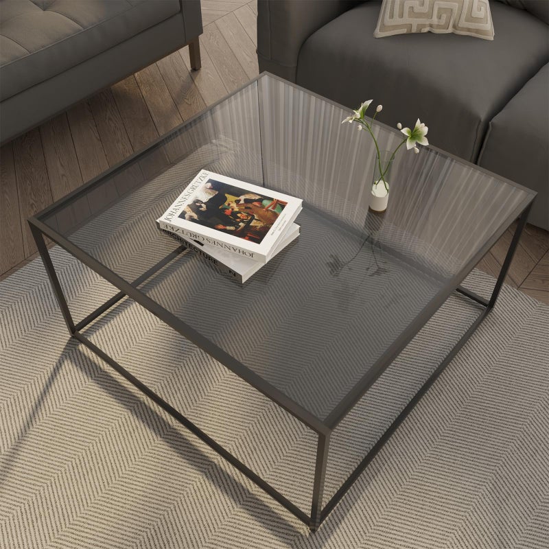 Easy Paws Glass Coffee Tables for Living Room Square Modern Center Table for Small Space,Tempered Glass-top with Sturdy Metal Frame Sofa Side End Table, Easy Assembly,26.4 x 26.4 x 15.7 Inches, Gray Black - Image 1